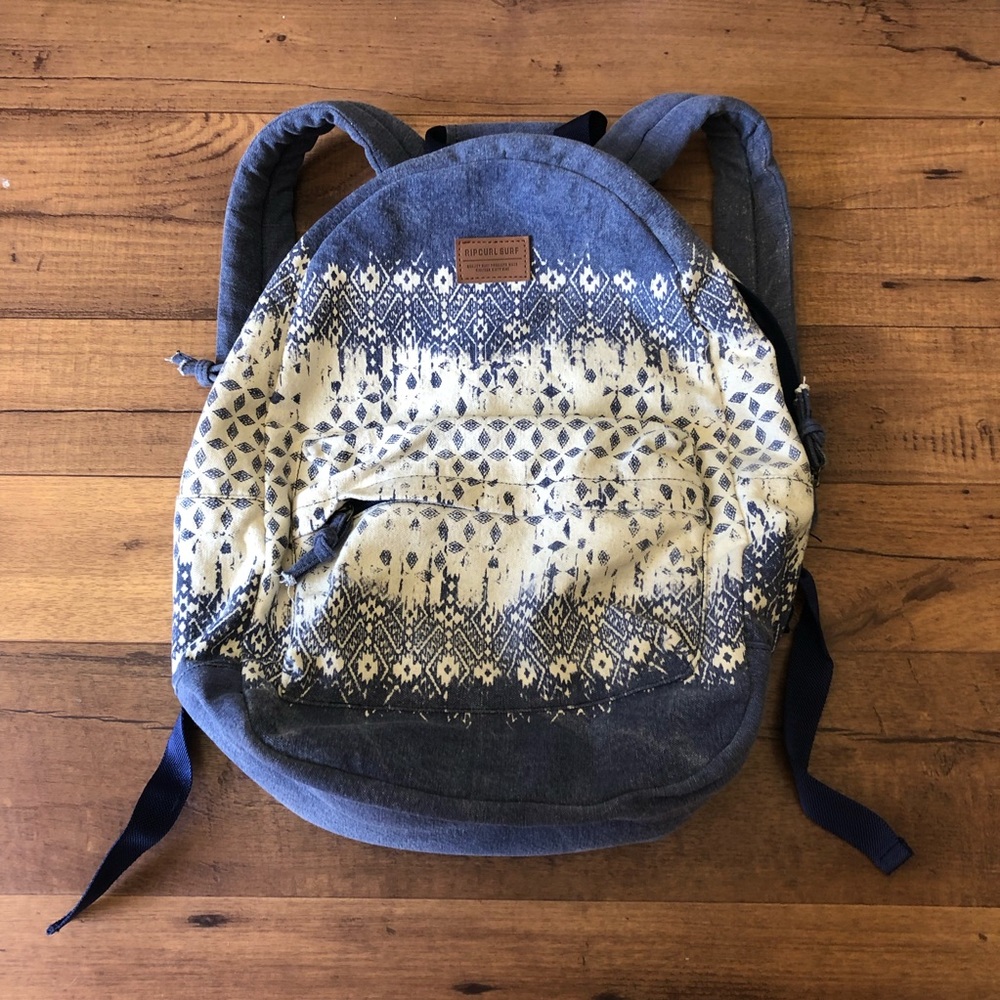 Rip Curl Blue Denim and White Fabric Backpack with Tribal Pattern